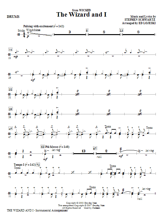 Learn to play Ed Lojeski The Wizard And I - Drums sheet music for Choir Instrumental Pak in minutes. Ed Lojeski The Wizard And I - Drums sheet music notes and chords. Download Printable PDF.