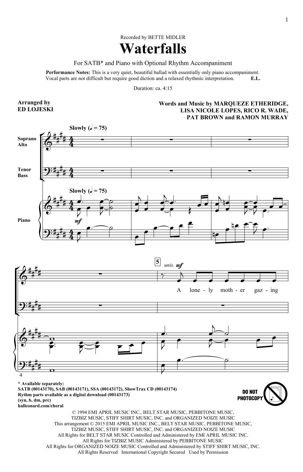 Ed Lojeski Waterfalls sheet music notes and chords. Download Printable PDF.