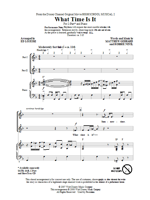 High School Musical 2 What Time Is It (arr. Ed Lojeski) sheet music notes and chords. Download Printable PDF.