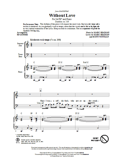 Ed Lojeski Without Love sheet music notes and chords. Download Printable PDF.