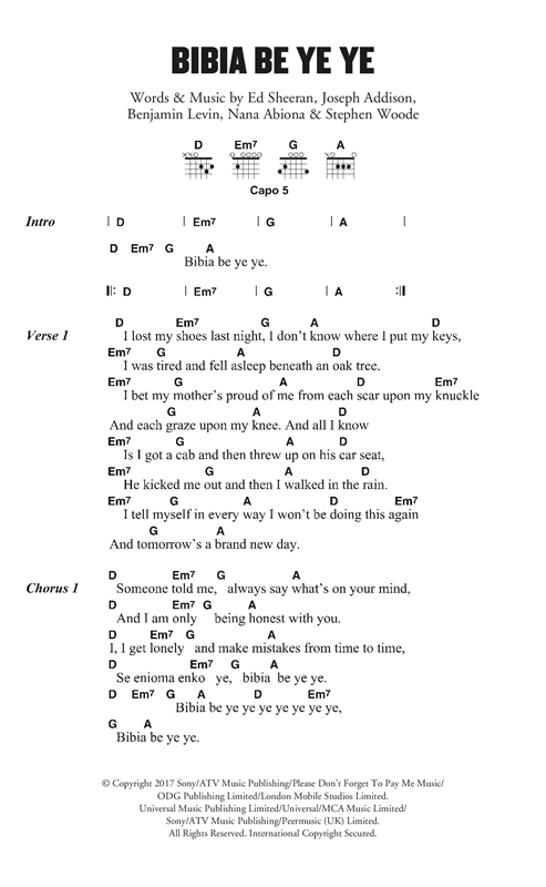 Ed Sheeran Bibia Be Ye Ye sheet music notes and chords. Download Printable PDF.