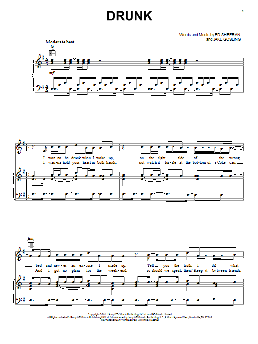 Learn to play Ed Sheeran Drunk sheet music for Beginner Piano in minutes. Ed Sheeran Drunk sheet music notes and chords. Download Printable PDF.