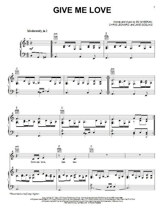 Ed Sheeran Give Me Love sheet music notes and chords. Download Printable PDF.