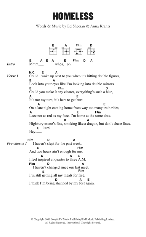 Learn to play Ed Sheeran Homeless sheet music for Guitar Chords/Lyrics in minutes. Ed Sheeran Homeless sheet music notes and chords. Download Printable PDF.
