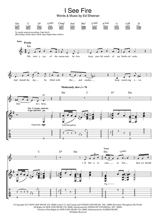 Ed Sheeran I See Fire From The Hobbit Sheet Music Pdf Notes Chords Pop Score Ukulele Chords Lyrics Download Printable Sku 1038