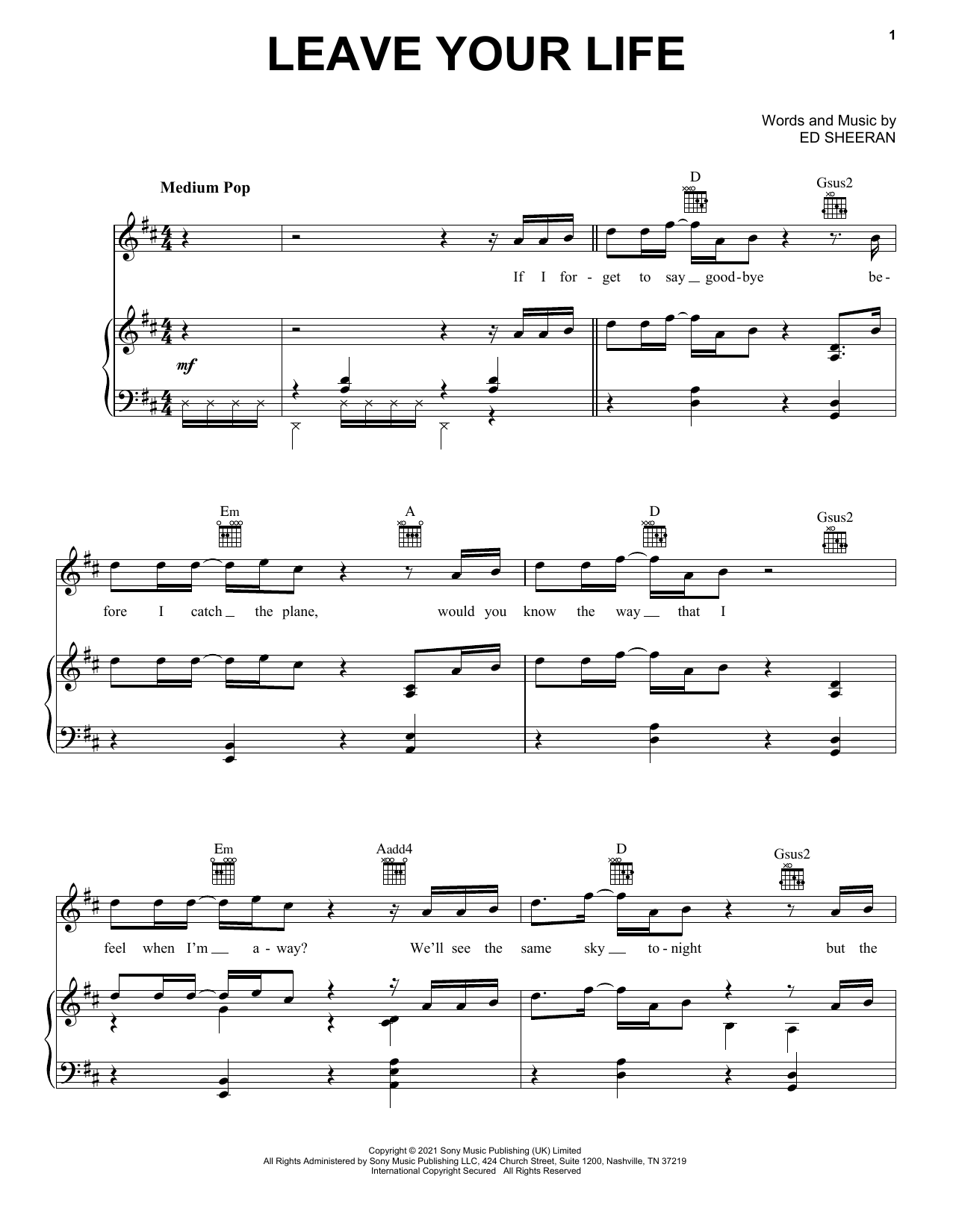 Ed Sheeran Leave Your Life sheet music notes and chords. Download Printable PDF.