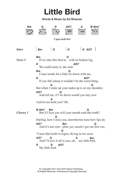 Ed Sheeran Little Bird sheet music notes and chords. Download Printable PDF.