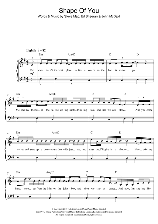 Ed Sheeran Shape Of You sheet music notes and chords. Download Printable PDF.