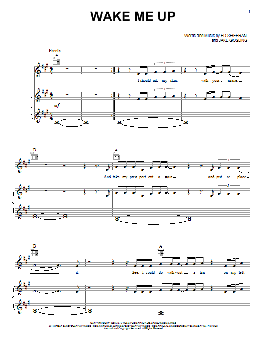 Ed Sheeran Wake Me Up sheet music notes and chords. Download Printable PDF.