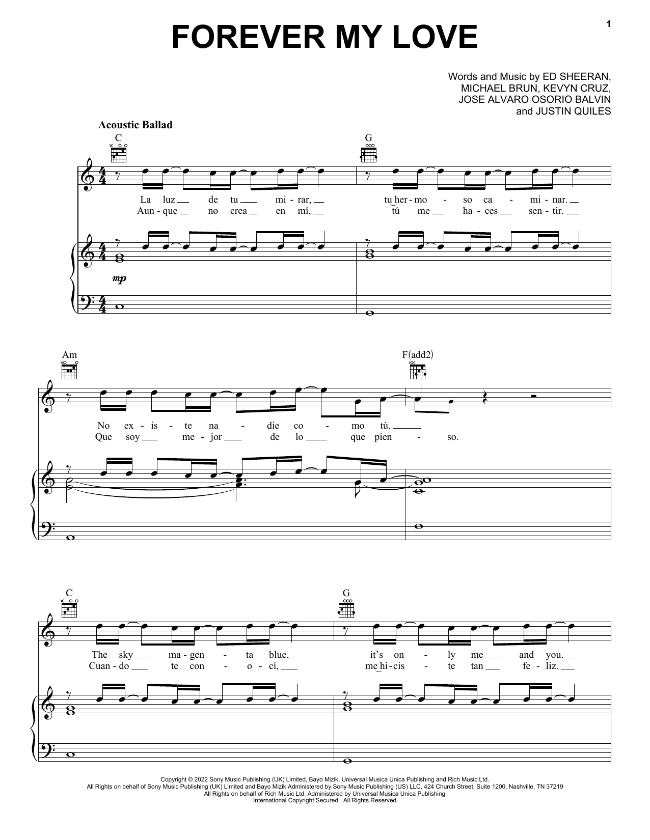 Ed Sheeran & J Balvin Forever My Love sheet music notes and chords. Download Printable PDF.