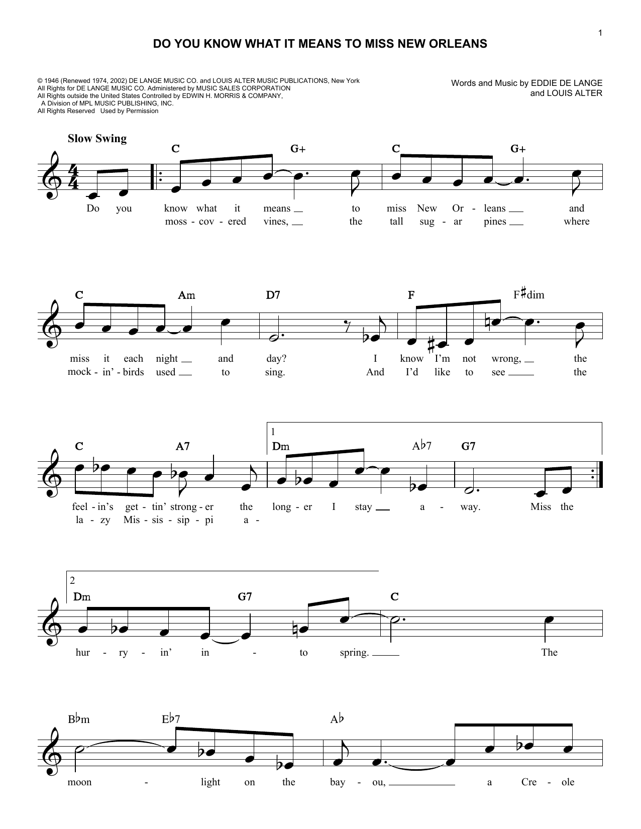 Eddie De Lange Do You Know What It Means To Miss New Orleans sheet music notes and chords. Download Printable PDF.