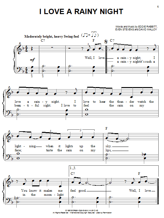 Eddie Rabbitt I Love A Rainy Night sheet music notes and chords. Download Printable PDF.