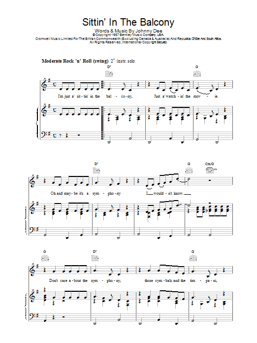 Eddie Cochran Sittin' In The Balcony sheet music for Piano, Vocal & Guitar (Right-Hand Melody) in minutes. Price: 7.8900$ Eddie Cochran Sittin' In The Balcony sheet music notes and chords. Download Printable PDF.