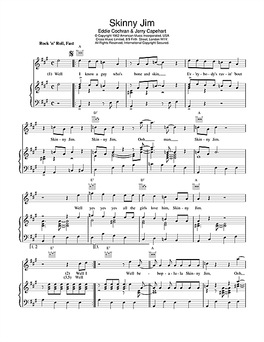 Eddie Cochran Skinny Jim sheet music notes and chords. Download Printable PDF.