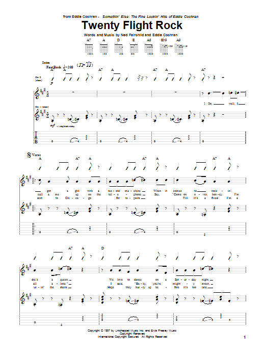 Preview Eddie Cochran Twenty Flight Rock Rock sheet music, notes and chords for Guitar Tab, SKU: 25589 sheet music, piano notes, chords, guitar tabs, score, transpose, transcribe, how to play, guide, download, learn, tutorial, progression, song, artist, awards, billboard, mtv, vh1, tour, single, album, release