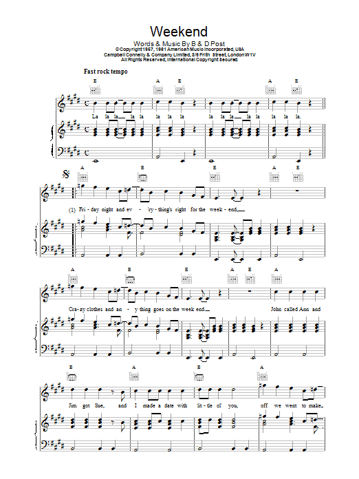 Eddie Cochran Weekend sheet music for Piano, Vocal & Guitar (Right-Hand Melody) in minutes. Price: 7.8900$ Eddie Cochran Weekend sheet music notes and chords. Download Printable PDF.