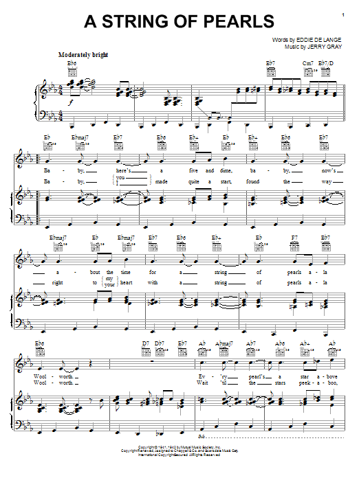 Preview Eddie DeLange A String Of Pearls Pop sheet music, notes and chords for Piano, Vocal & Guitar (Right-Hand Melody), SKU: 16799 sheet music, piano notes, chords, guitar tabs, score, transpose, transcribe, how to play, guide, download, learn, tutorial, progression, song, artist, awards, billboard, mtv, vh1, tour, single, album, release