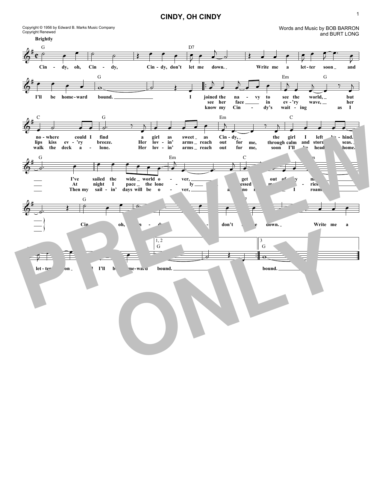 Eddie Fisher Cindy, Oh Cindy sheet music notes and chords. Download Printable PDF.