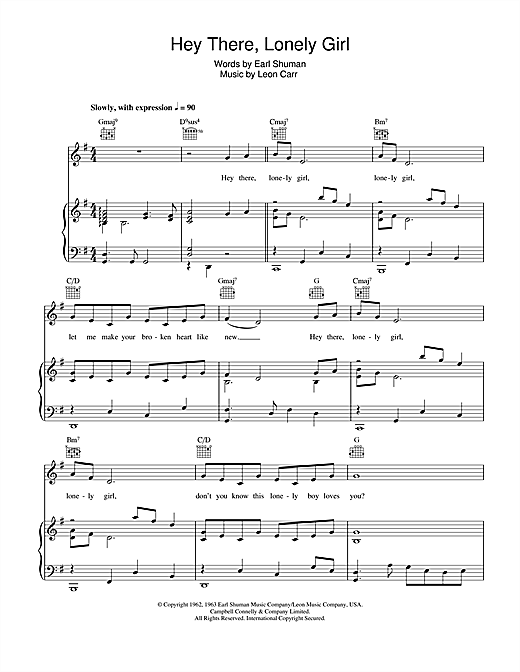 Learn to play Eddie Holman Hey There, Lonely Girl sheet music for Piano, Vocal & Guitar (Right-Hand Melody) in minutes. Eddie Holman Hey There, Lonely Girl sheet music notes and chords. Download Printable PDF.