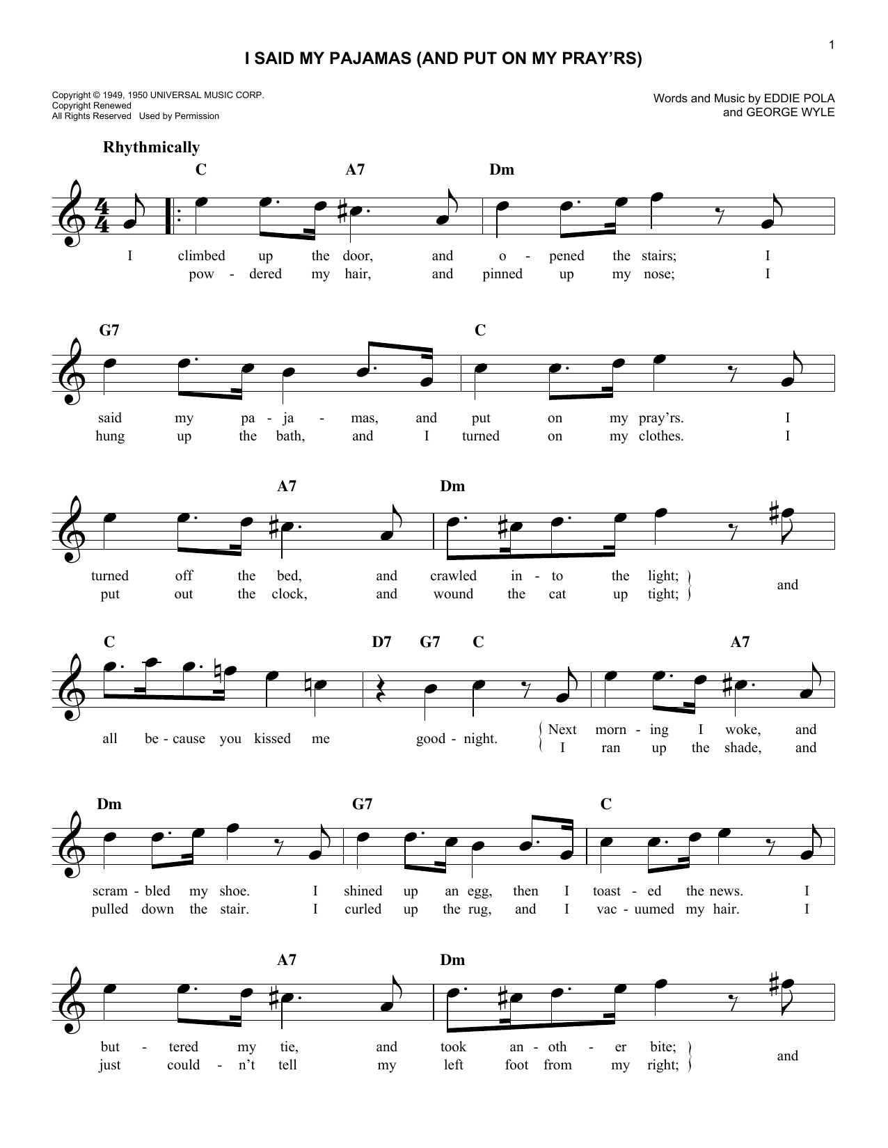 Learn to play Eddie Pola I Said My Pajamas (And Put On My Pray'rs) sheet music for Easy Lead Sheet / Fake Book in minutes. Price: 5.9900$ Eddie Pola I Said My Pajamas (And Put On My Pray'rs) sheet music notes and chords arranged for Easy Lead Sheet / Fake Book