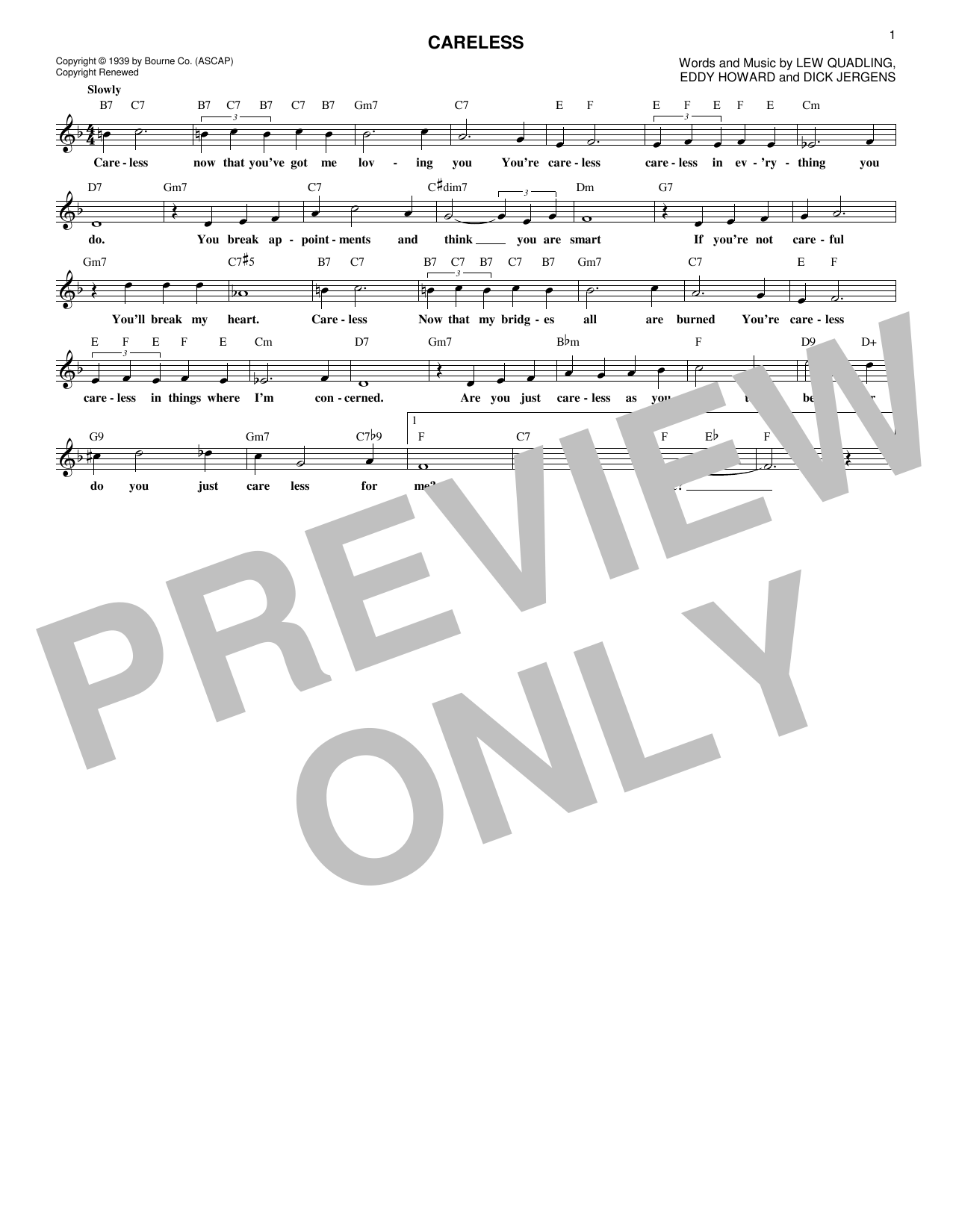 Eddy Howard Careless sheet music notes and chords. Download Printable PDF.