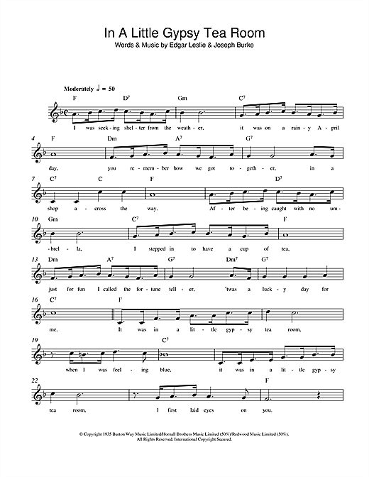 Learn to play Edgar Leslie In A Little Gypsy Tea Room sheet music for Lead Sheet / Fake Book in minutes. Price: 5.9900$ Edgar Leslie In A Little Gypsy Tea Room sheet music notes and chords arranged for Lead Sheet / Fake Book