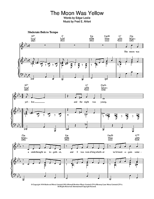 Learn to play Edgar Leslie The Moon Was Yellow sheet music for Piano, Vocal & Guitar (Right-Hand Melody) in minutes. Edgar Leslie The Moon Was Yellow sheet music notes and chords. Download Printable PDF.
