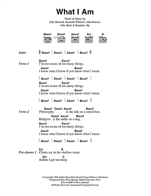 Learn to play Edie Brickell What I Am sheet music for Guitar Chords/Lyrics in minutes. Edie Brickell What I Am sheet music notes and chords. Download Printable PDF.