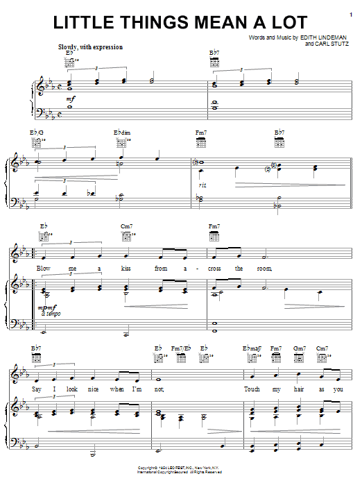 Learn to play Edith Lindeman Little Things Mean A Lot sheet music for Piano, Vocal & Guitar (Right-Hand Melody) in minutes. Edith Lindeman Little Things Mean A Lot sheet music notes and chords. Download Printable PDF.