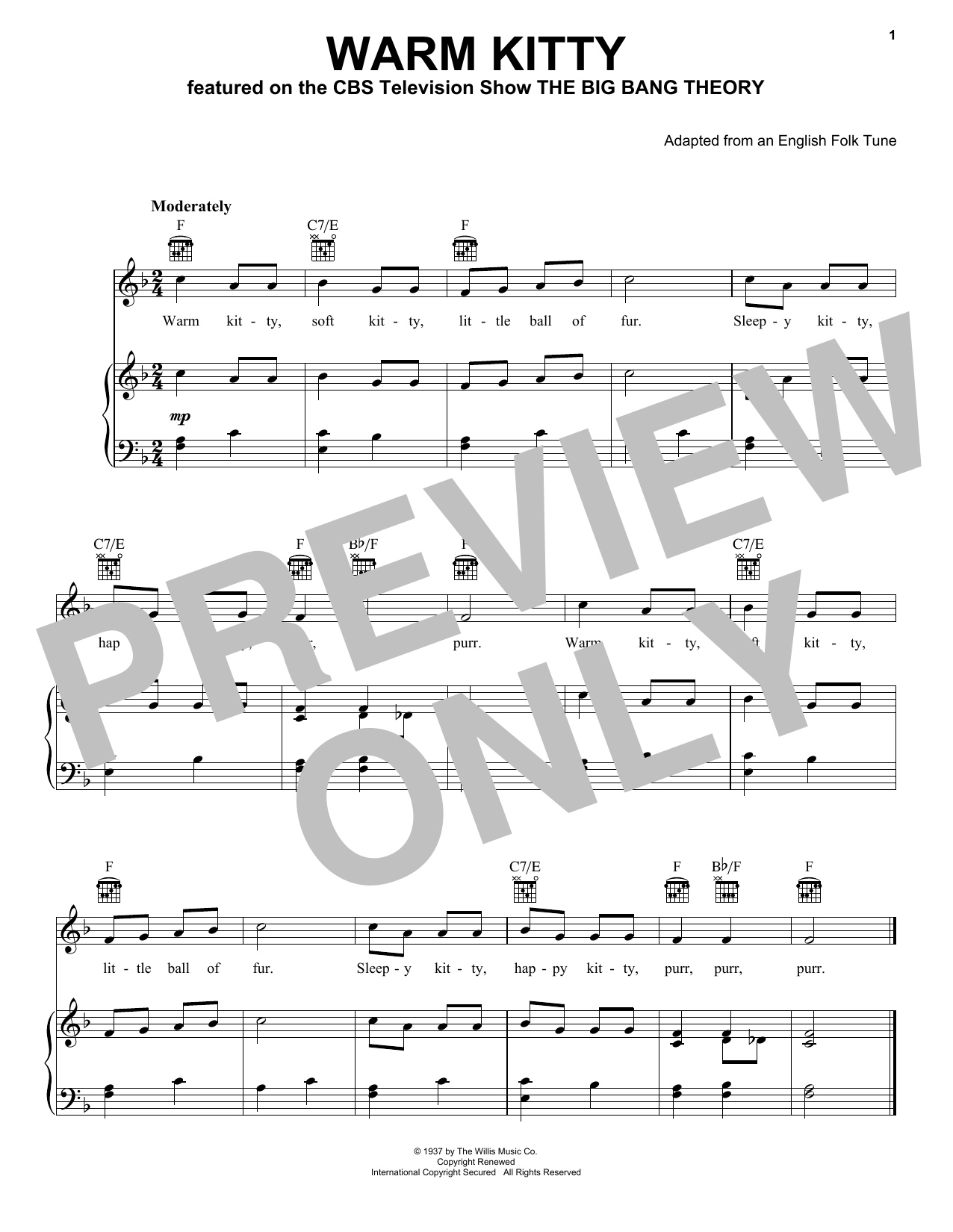 English Folk Tune (adapted) Warm Kitty sheet music notes and chords. Download Printable PDF.