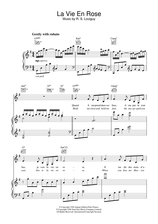 Edith Piaf La Vie En Rose Take Me To Your Heart Again Sheet Music Pdf Notes Chords Classical Score Piano Solo Download Printable Sku 1515