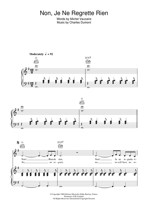 Edith Piaf Non Je Ne Regrette Rien Sheet Music Pdf Notes Chords Musical Show Score Piano Vocal Guitar Download Printable Sku