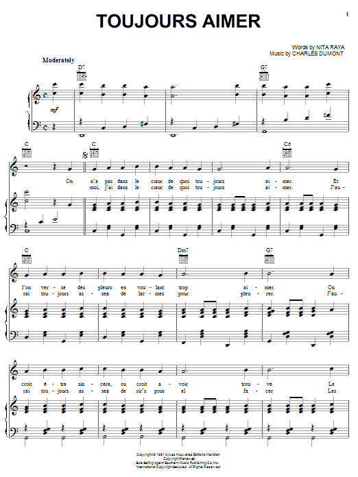 Edith Piaf Toujours Aimer sheet music notes and chords. Download Printable PDF.