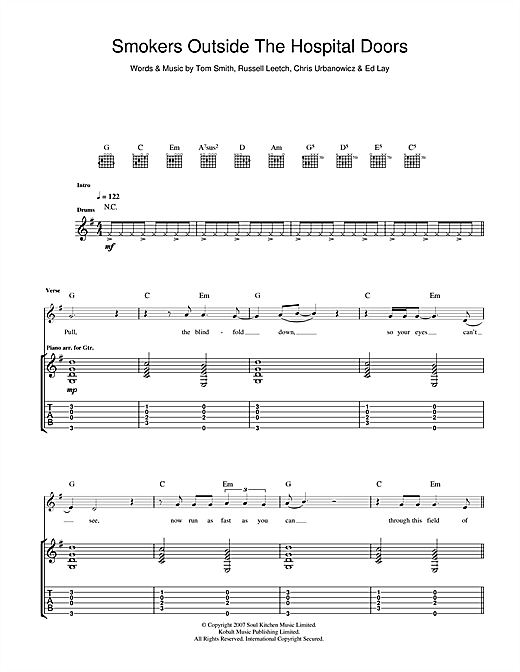 Learn to play Editors Smokers Outside The Hospital Doors sheet music for Piano, Vocal & Guitar in minutes. Editors Smokers Outside The Hospital Doors sheet music notes and chords