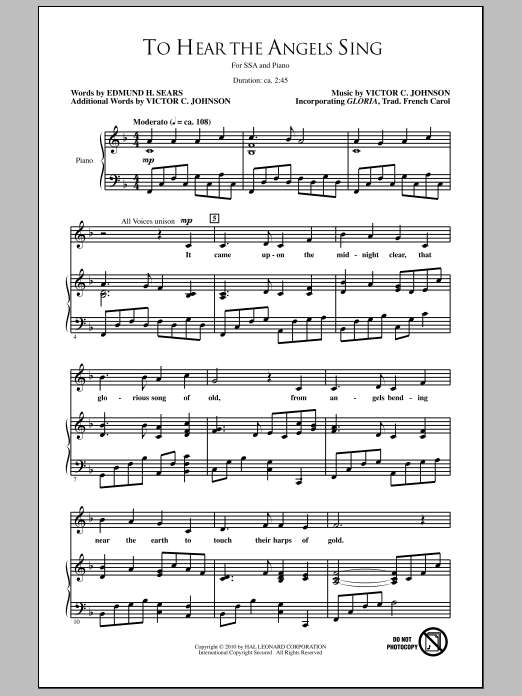 Learn to play Edmund H. Sears To Hear The Angels Sing sheet music for SSA Choir in minutes. Price: 3.9900$ Edmund H. Sears To Hear The Angels Sing sheet music notes and chords arranged for SSA Choir