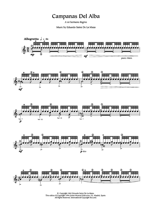 Learn to play Eduardo Sainz de la Maza Campanas Del Alba sheet music for Solo Guitar in minutes. Price: 5.9900$ Eduardo Sainz de la Maza Campanas Del Alba sheet music notes and chords. Download Printable PDF.
