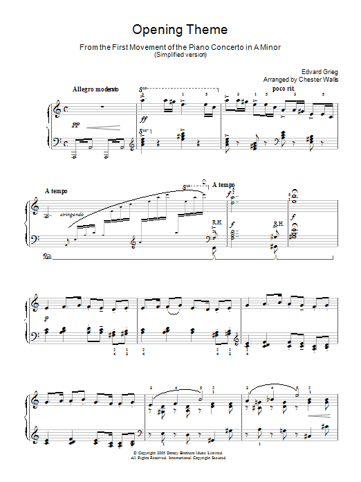 Edvard Grieg Opening Theme from Piano Concerto in A Minor sheet music notes and chords. Download Printable PDF.