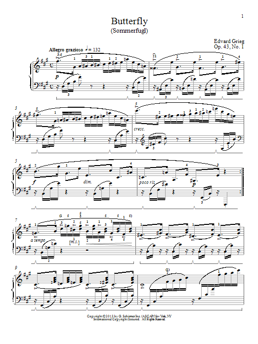 Learn to play Edvard Grieg Butterfly (from 'Lyric Pieces Op. 43') sheet music for Piano Solo in minutes. Edvard Grieg Butterfly (from 'Lyric Pieces Op. 43') sheet music notes and chords. Download Printable PDF.