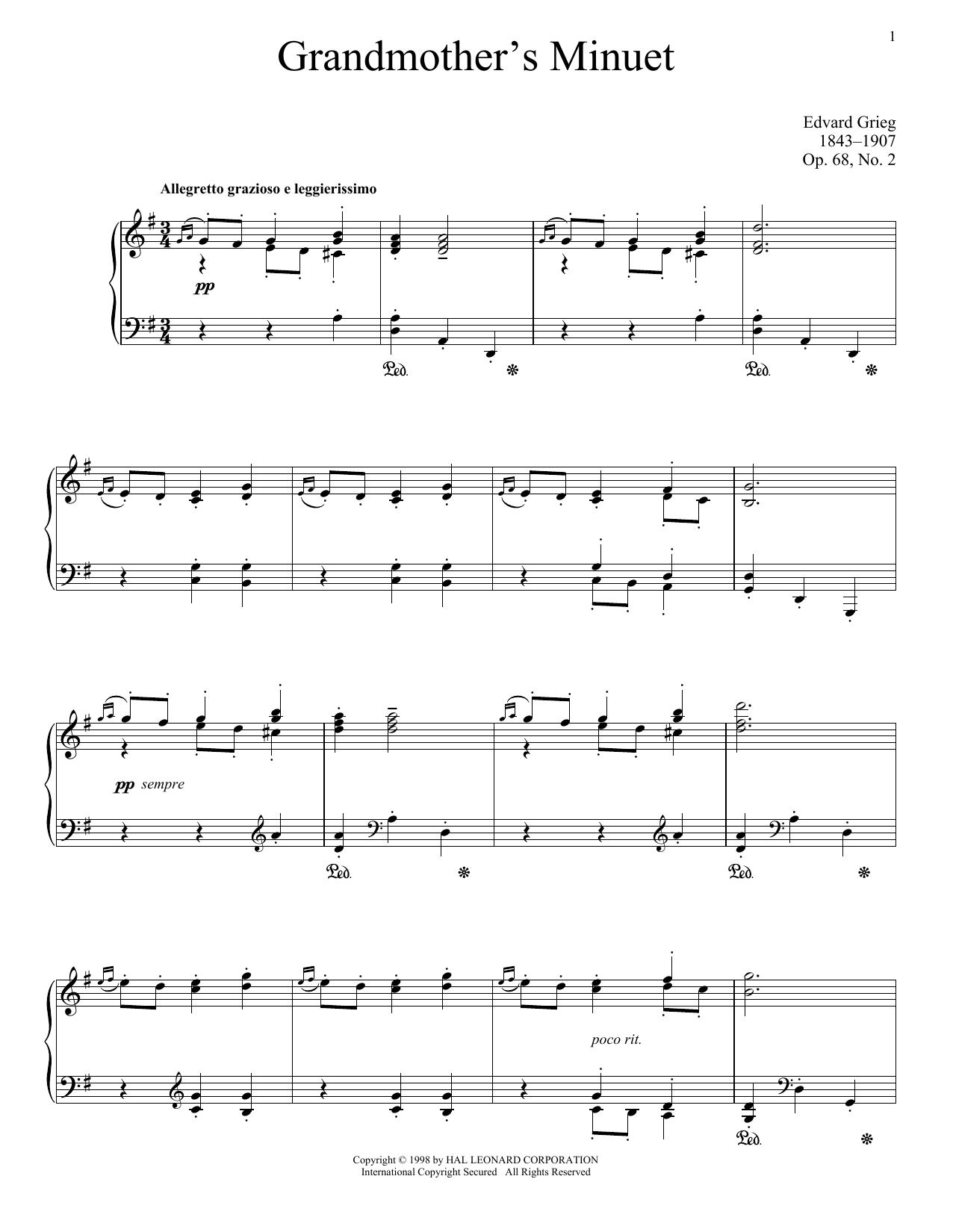Learn to play Edvard Grieg Grandmother's Minuet, Op. 68, No. 2 sheet music for Piano Solo in minutes. Price: 6.9900$ Edvard Grieg Grandmother's Minuet, Op. 68, No. 2 sheet music notes and chords arranged for Piano Solo