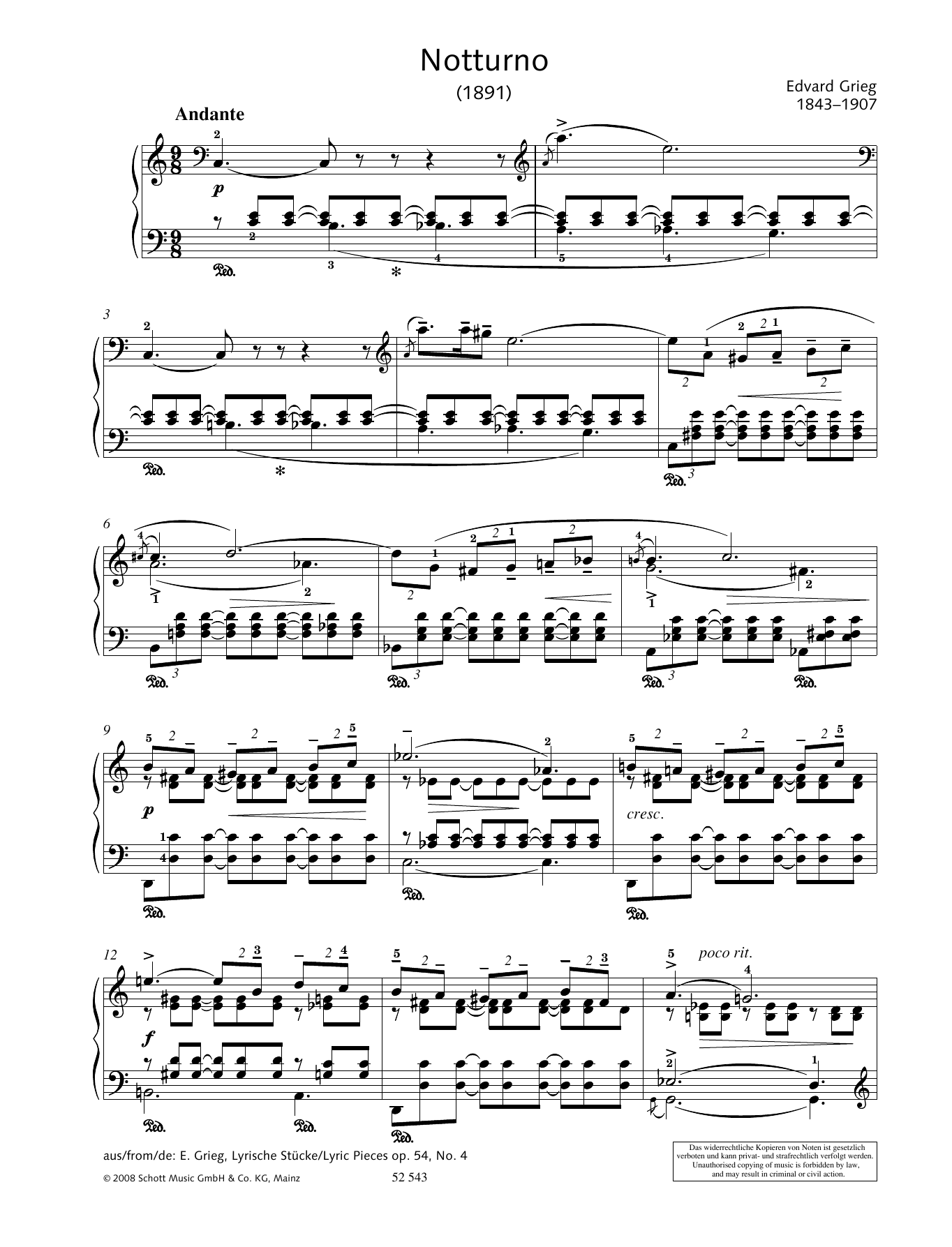 Edvard Grieg Notturno sheet music notes and chords arranged for Piano Solo