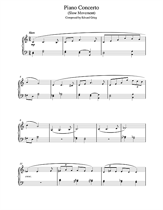 Edvard Grieg Piano Concerto in G minor (Slow Movement) sheet music notes and chords. Download Printable PDF.