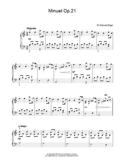 Learn to play Edward Elgar Minuet Op.21 sheet music for Easy Piano in minutes. Price: 6.9900$ Edward Elgar Minuet Op.21 sheet music notes and chords arranged for Easy Piano
