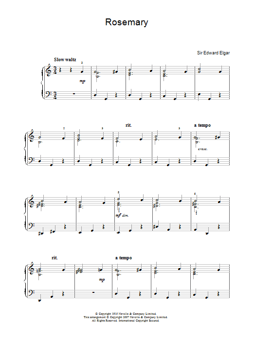 Learn to play Edward Elgar Rosemary sheet music for Easy Piano in minutes. Price: 6.9900$ Edward Elgar Rosemary sheet music notes and chords arranged for Easy Piano