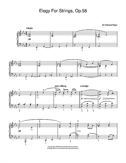 Learn to play Edward Elgar Elegy For Strings, Op.58 sheet music for Piano Solo in minutes. Edward Elgar Elegy For Strings, Op.58 sheet music notes and chords. Download Printable PDF.