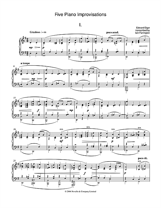 Learn to play Edward Elgar Five Piano Improvisations: 1. Grazioso sheet music for Piano Solo in minutes. Edward Elgar Five Piano Improvisations: 1. Grazioso sheet music notes and chords. Download Printable PDF.