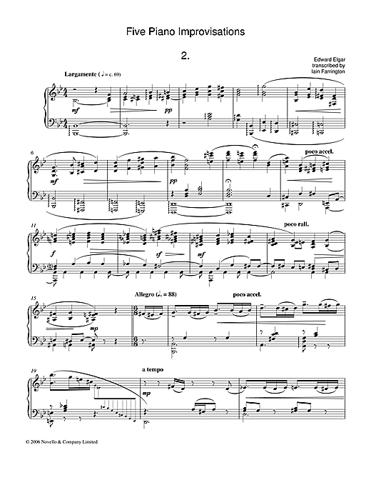 Learn to play Edward Elgar Five Piano Improvisations: 2. Largamente sheet music for Piano Solo in minutes. Edward Elgar Five Piano Improvisations: 2. Largamente sheet music notes and chords. Download Printable PDF.