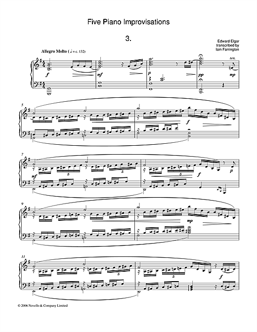 Learn to play Edward Elgar Five Piano Improvisations: 3. Allegro Molto sheet music for Piano Solo in minutes. Edward Elgar Five Piano Improvisations: 3. Allegro Molto sheet music notes and chords. Download Printable PDF.