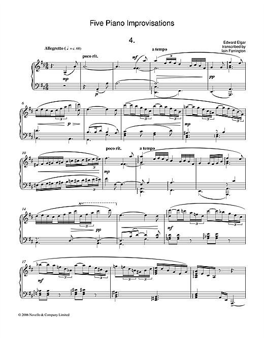 Learn to play Edward Elgar Five Piano Improvisations: 4. Allegretto sheet music for Piano Solo in minutes. Edward Elgar Five Piano Improvisations: 4. Allegretto sheet music notes and chords. Download Printable PDF.