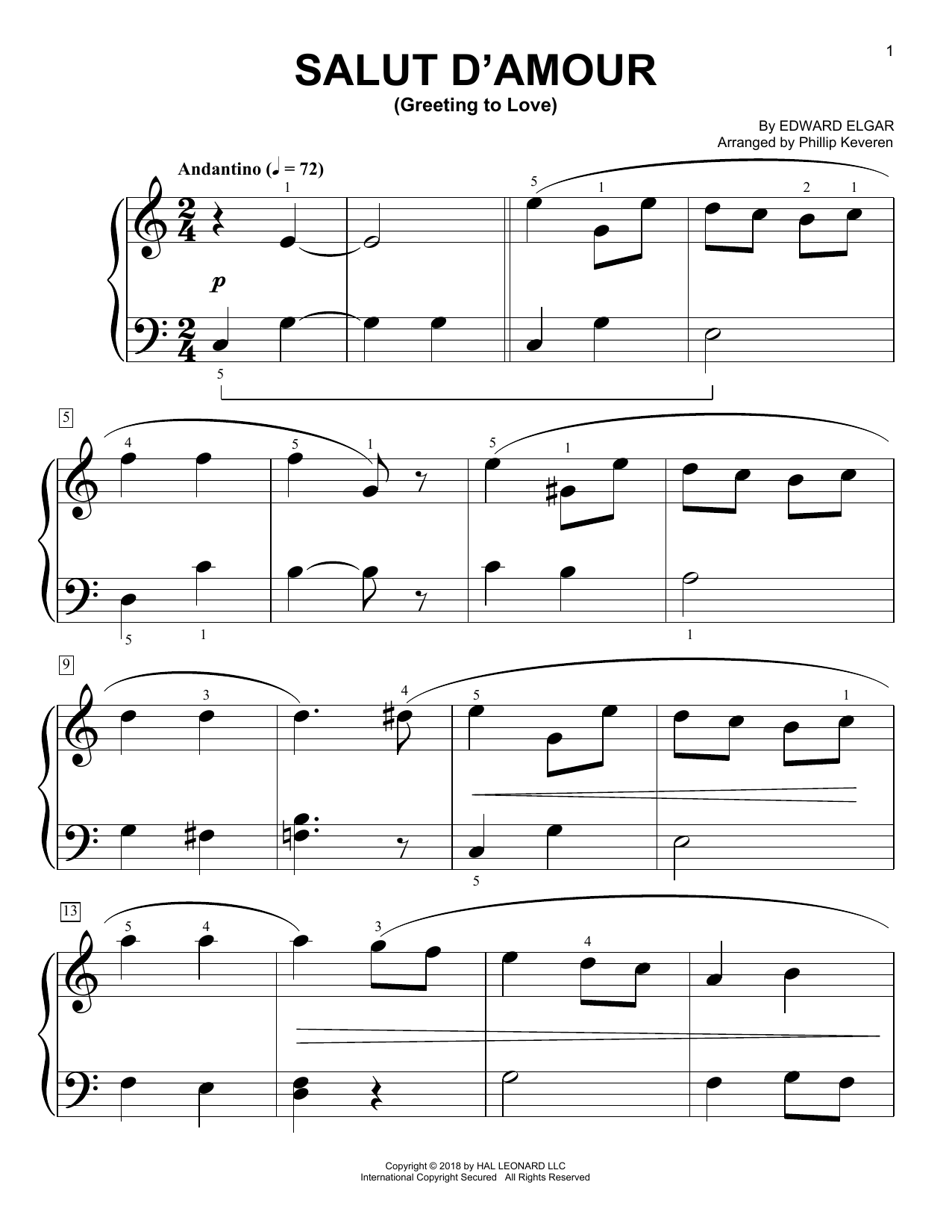 Learn to play Phillip Keveren Salut D'amour (Greeting To Love) sheet music for Big Note Piano in minutes. Price: 6.9900$ Phillip Keveren Salut D'amour (Greeting To Love) sheet music notes and chords arranged for Big Note Piano