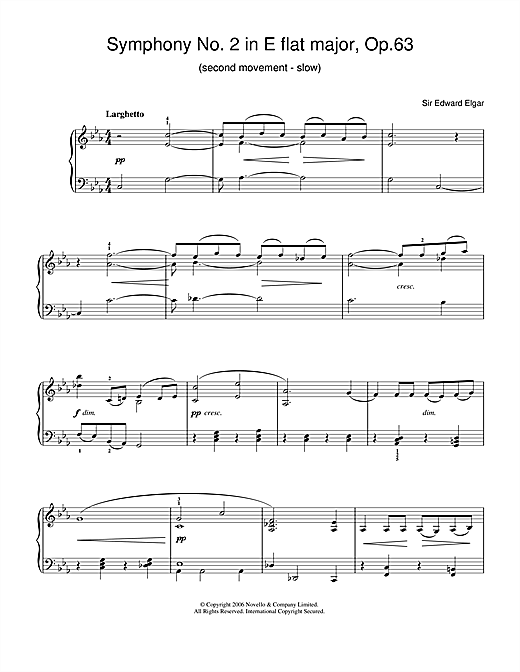 Learn to play Edward Elgar Symphony No.2 In E Flat Major, Op.63 (2nd Movement - slow) sheet music for Beginner Piano in minutes. Edward Elgar Symphony No.2 In E Flat Major, Op.63 (2nd Movement - slow) sheet music notes and chords. Download Printable PDF.